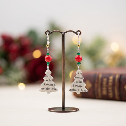 Book Page Christmas Tree Earrings made from the pages of A Christmas Carol by Charles Dickens, dangle earrings accetuated with glass red and green beads.