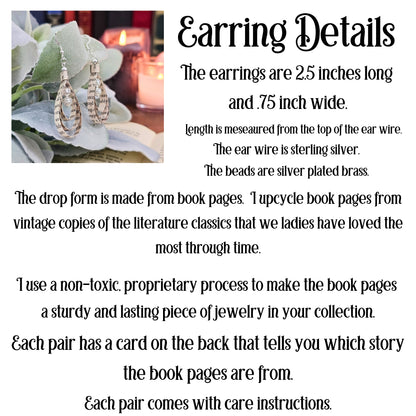 The earrings are 2.5 inches long and .75 inches wide.  The eare wire is sterling silver.  The beads are silver plated brass.  The drop form is made from book pages upcycled from literary classics.