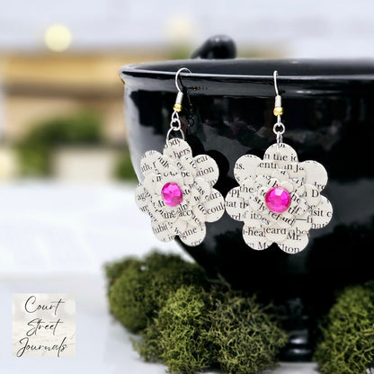 Dangle Earrings made from book pages with pink acrylic accent