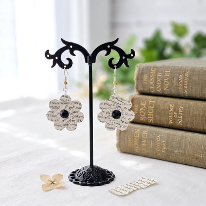 Black Flower Book Page Earrings | Literary Dangle Earrings for Book Lovers