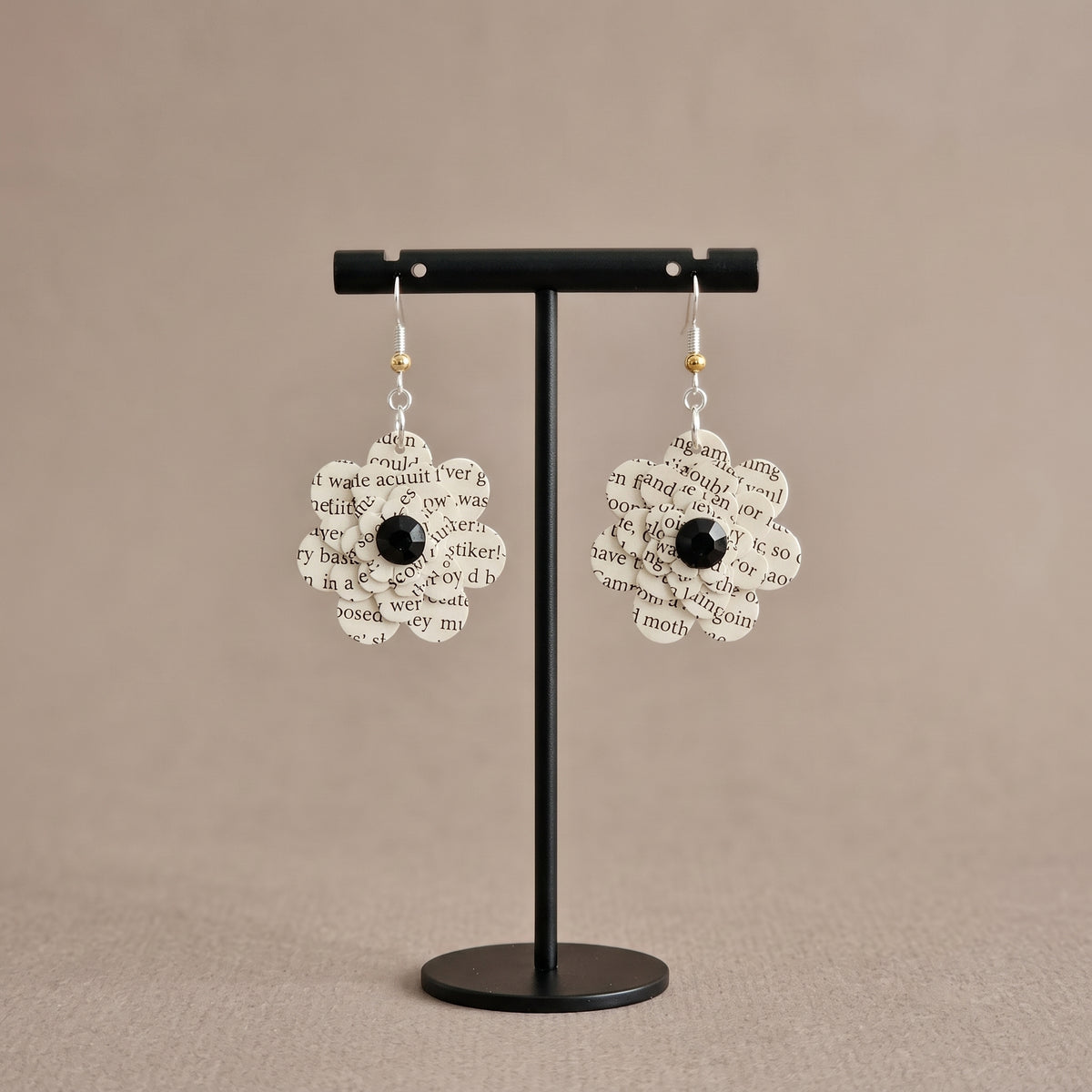 Black Flower Book Page Earrings | Literary Dangle Earrings for Book Lovers