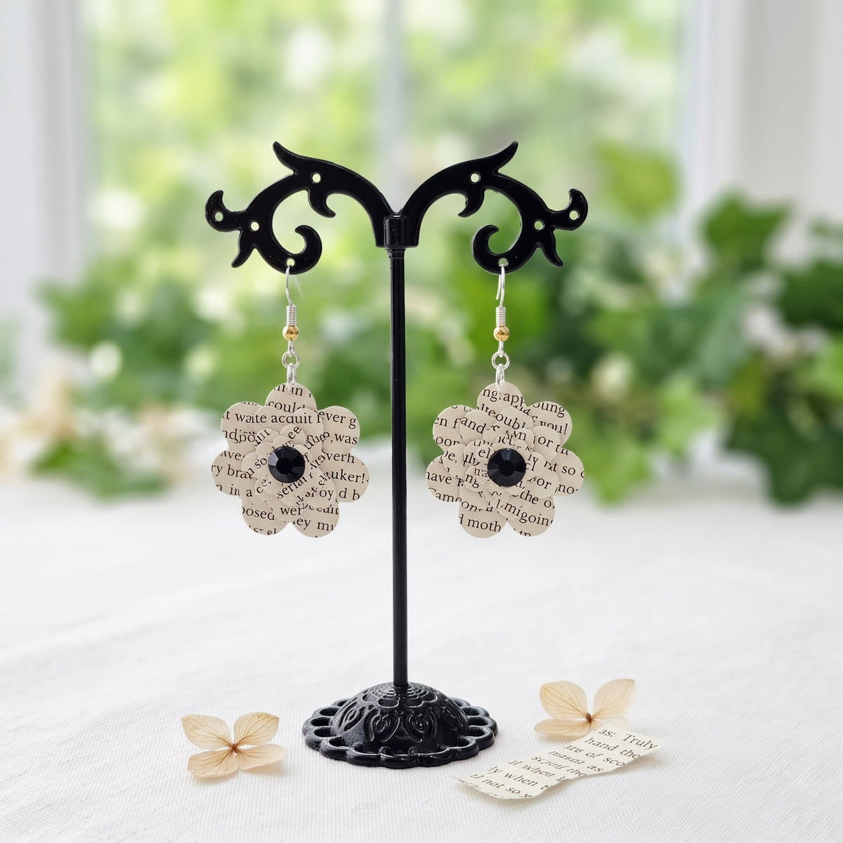 Black Flower Book Page Earrings | Literary Dangle Earrings for Book Lovers