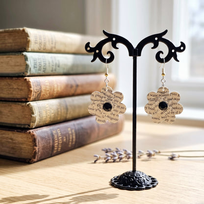 Black Flower Book Page Earrings | Literary Dangle Earrings for Book Lovers