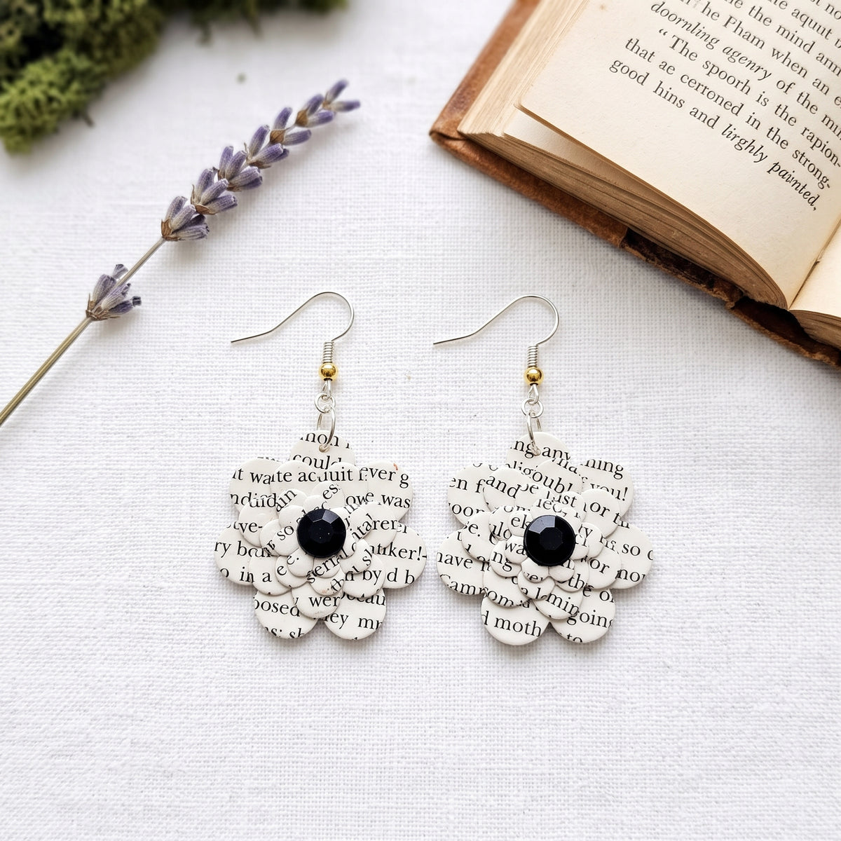 Black Flower Book Page Earrings | Literary Dangle Earrings for Book Lovers