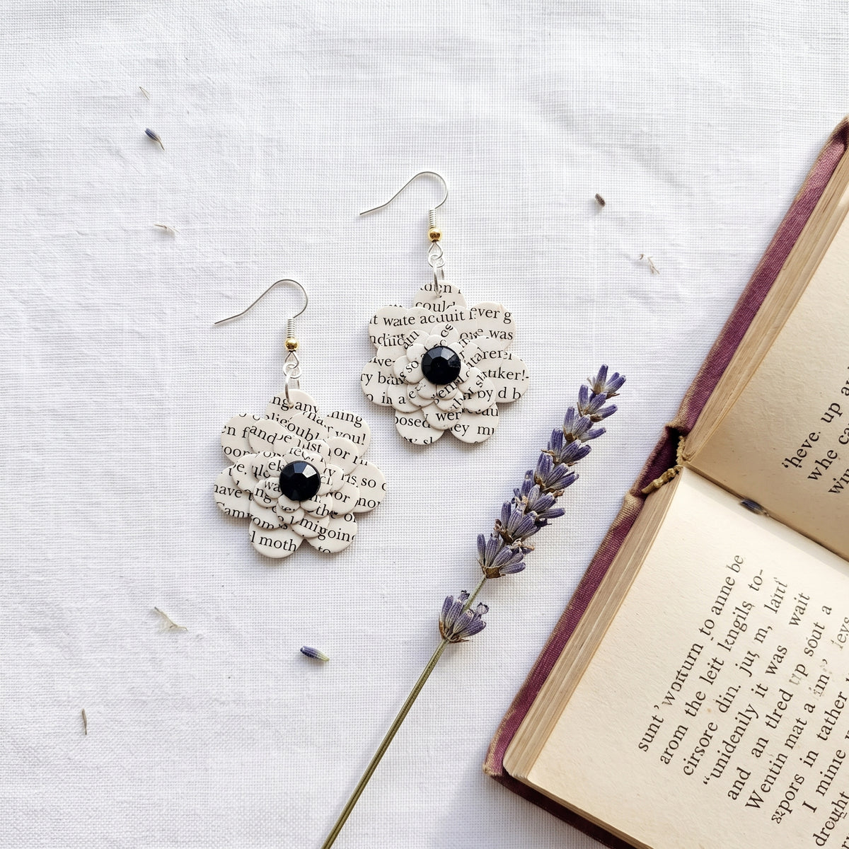 Black Flower Book Page Earrings | Literary Dangle Earrings for Book Lovers