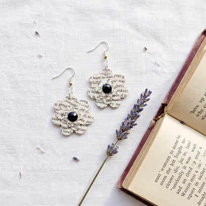 Black Flower Book Page Earrings | Literary Dangle Earrings for Book Lovers