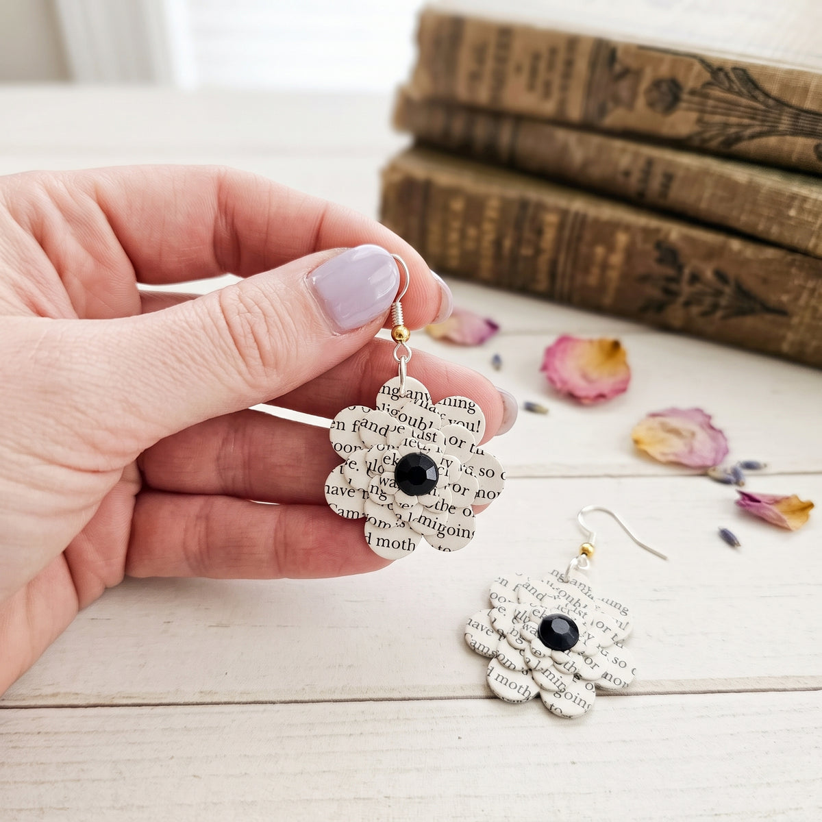 Black Flower Book Page Earrings | Literary Dangle Earrings for Book Lovers