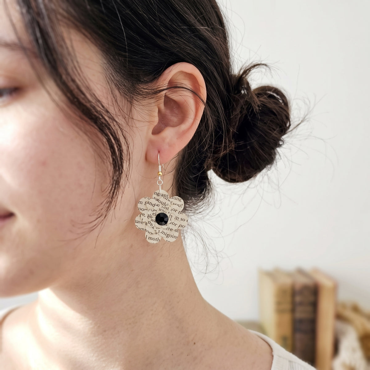 Black Flower Book Page Earrings | Literary Dangle Earrings for Book Lovers