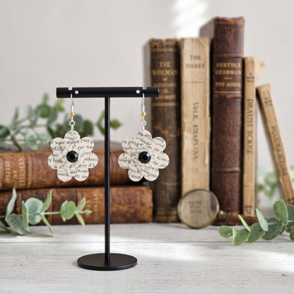 Black Flower Book Page Earrings | Literary Dangle Earrings for Book Lovers