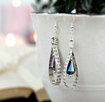Tear drop shaped earrings made from book pages with blue faceted accent bead.