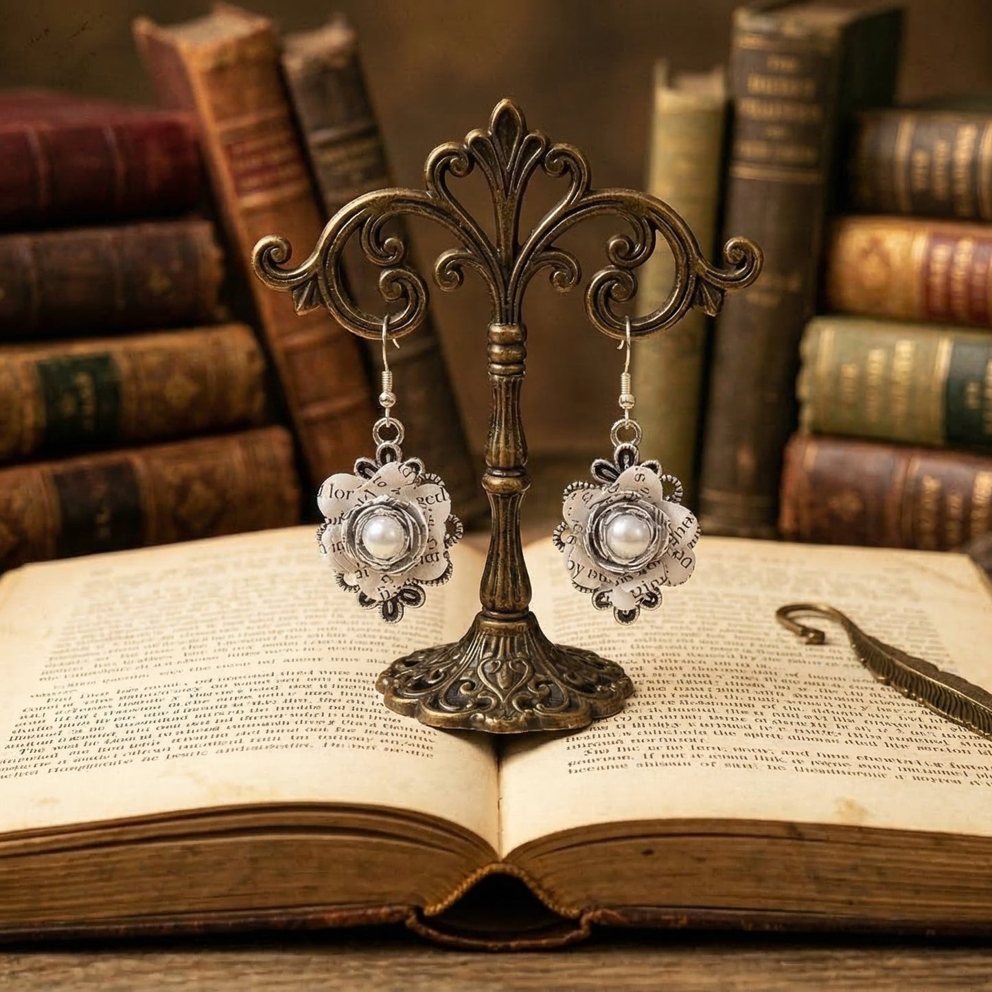 Floral book page dangle earrings on a silver plated base with sterling silver ear wires
