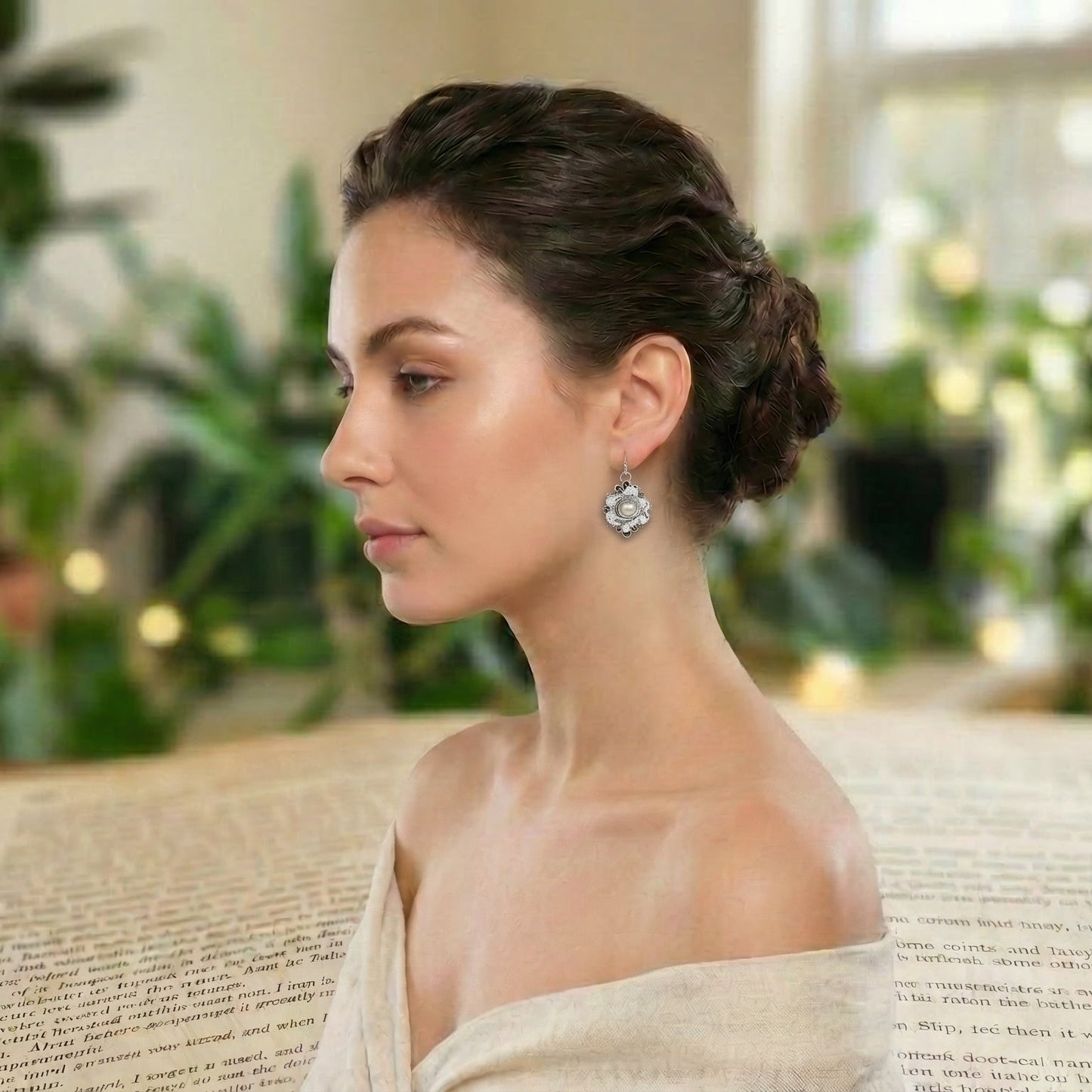 modeled photo of floral book page earrings