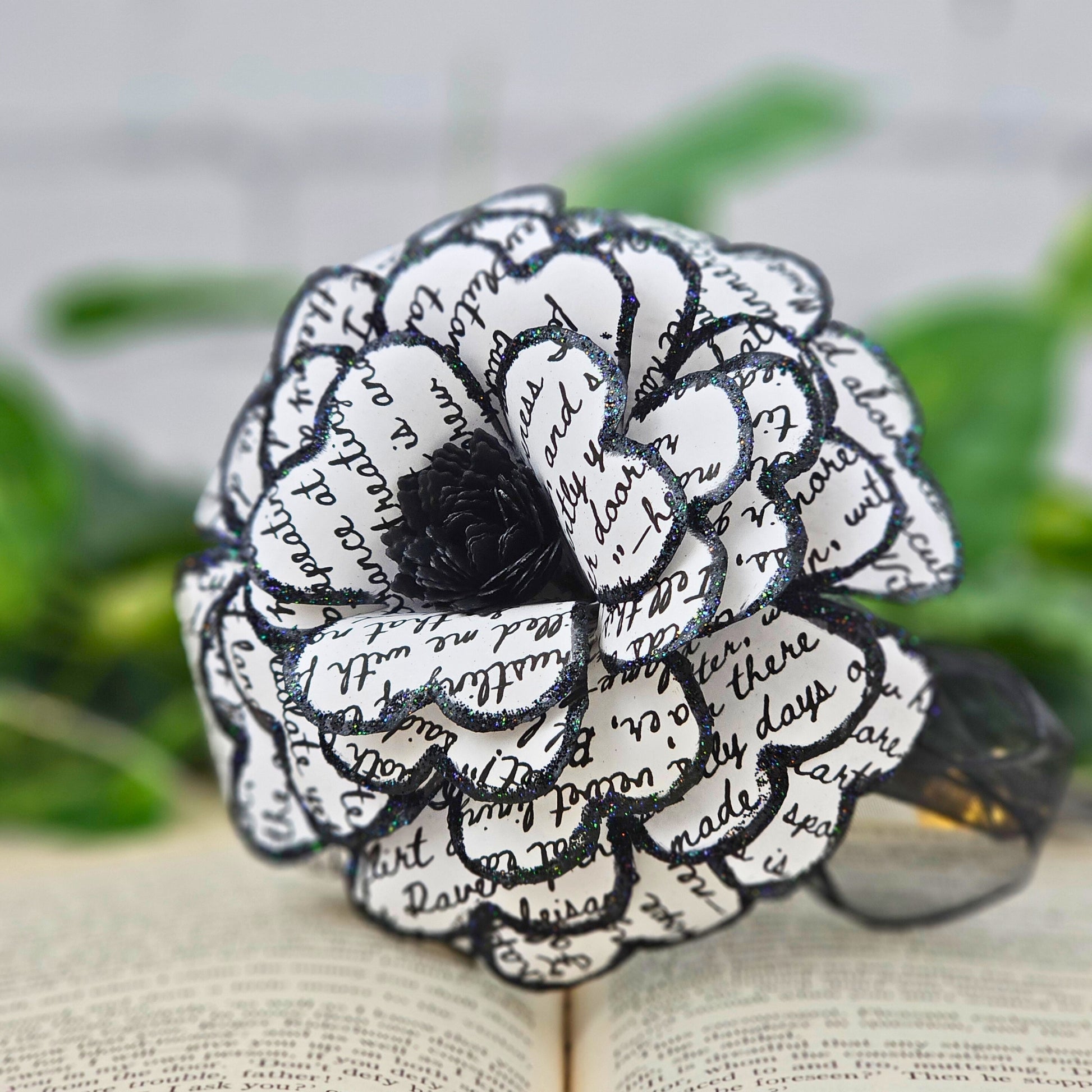 Handcrafted Raven rose showing dark academia aesthetic with sparkle accents