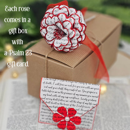 each rose comes in a gift box with a psalm 23 gift card