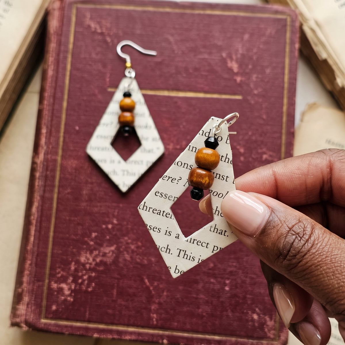 Diversity Book Page Diamond Dangle Earrings with Wood Bead Accents