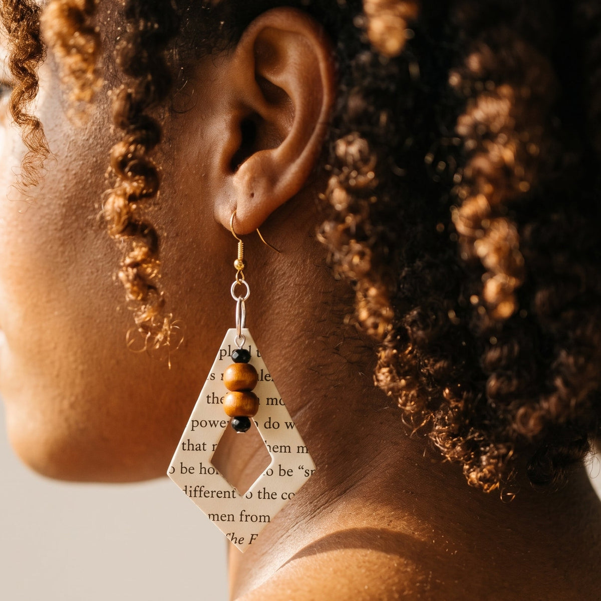 Diversity Book Page Diamond Dangle Earrings with Wood Bead Accents