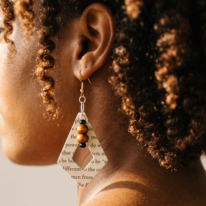 Diversity Book Page Diamond Dangle Earrings with Wood Bead Accents