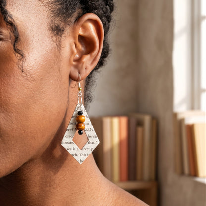 Diversity Book Page Diamond Dangle Earrings with Wood Bead Accents
