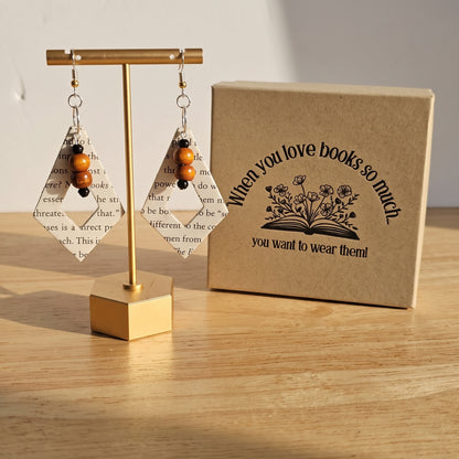 Diversity Book Page Diamond Dangle Earrings with Wood Bead Accents