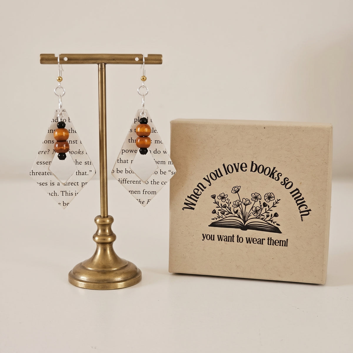 Diversity Book Page Diamond Dangle Earrings with Wood Bead Accents