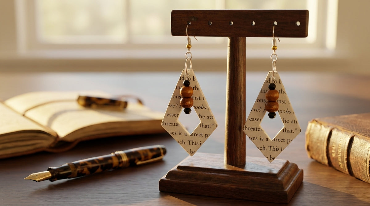 Diversity Book Page Diamond Dangle Earrings with Wood Bead Accents