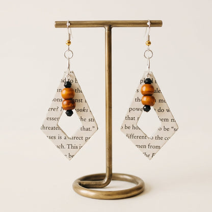 Book Page EArrings with wood bead accents, dangle earrings for gifts for book lovers