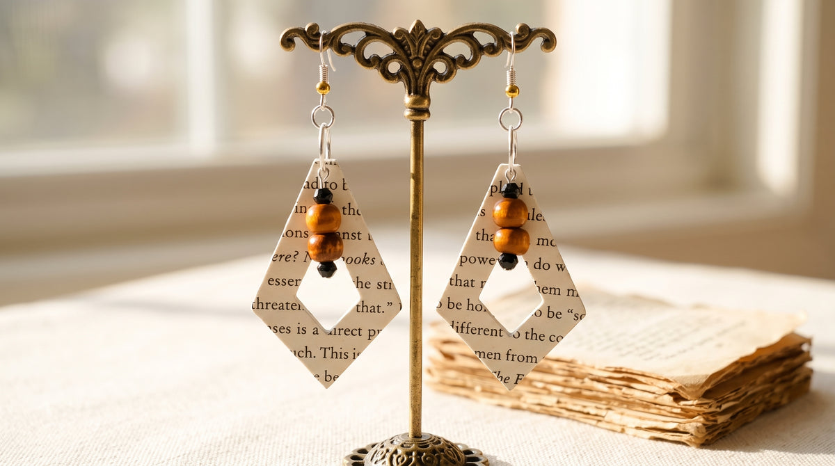 Diversity Book Page Diamond Dangle Earrings with Wood Bead Accents