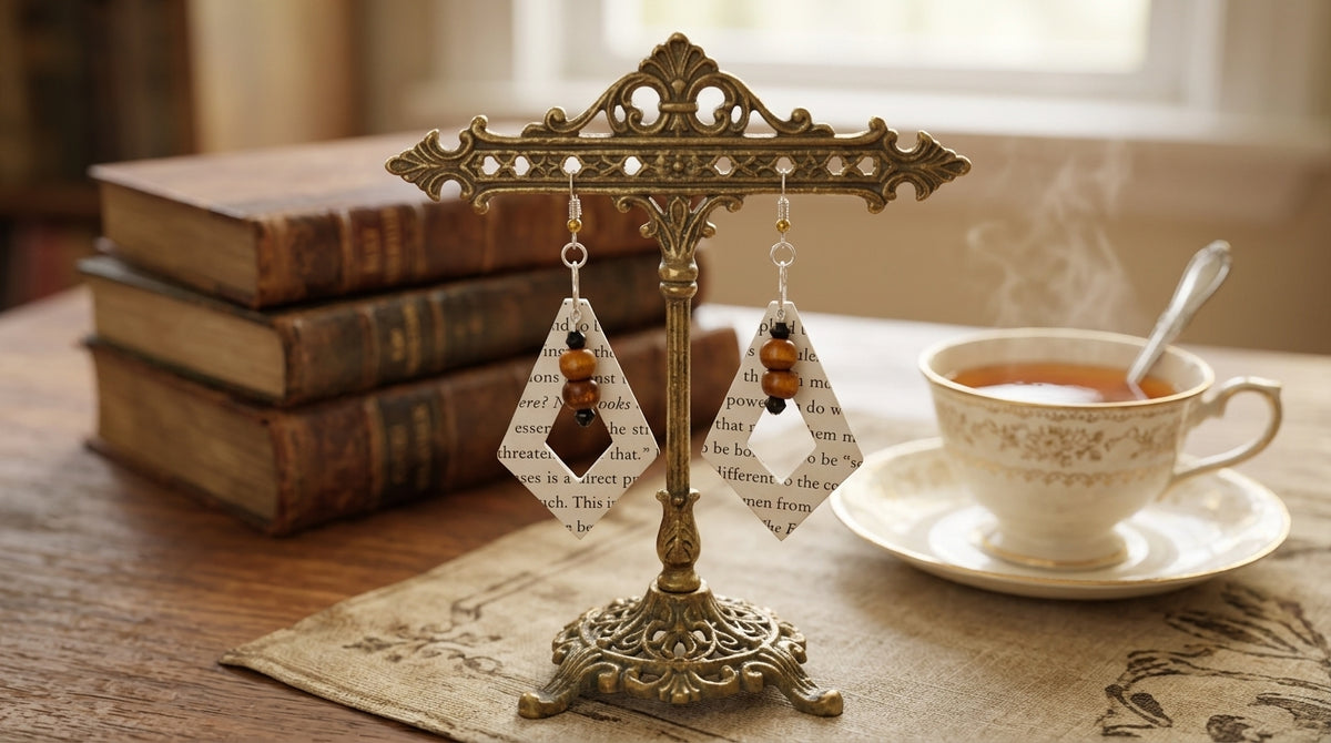 Diversity Book Page Diamond Dangle Earrings with Wood Bead Accents
