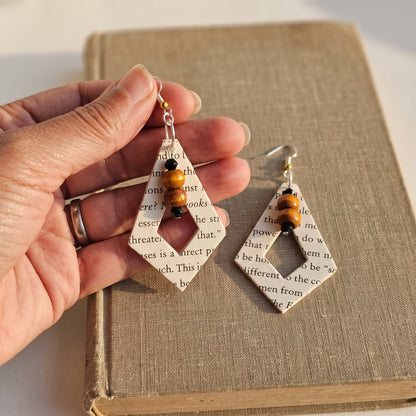 Diversity Book Page Diamond Dangle Earrings with Wood Bead Accents