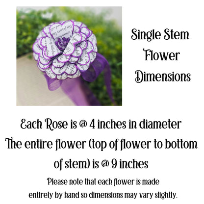 Decorative flower with text providing dimensions (4 inches wide by 9 inches long)