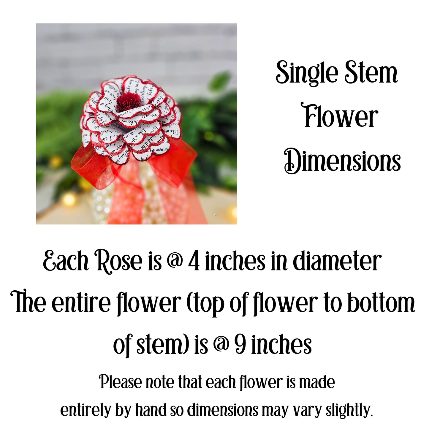 Dimensions of single stem anniversary rose - size specifications for personalized paper flower