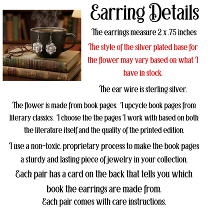 Floral Book Page Earrings | Literary Dangle Earrings for Book Lovers