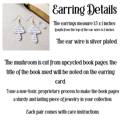 the earrings measure 1.5 inches long by 1 inch wide, the ear wire is silver plated, the back of hte earring card states what book the earrings are made from