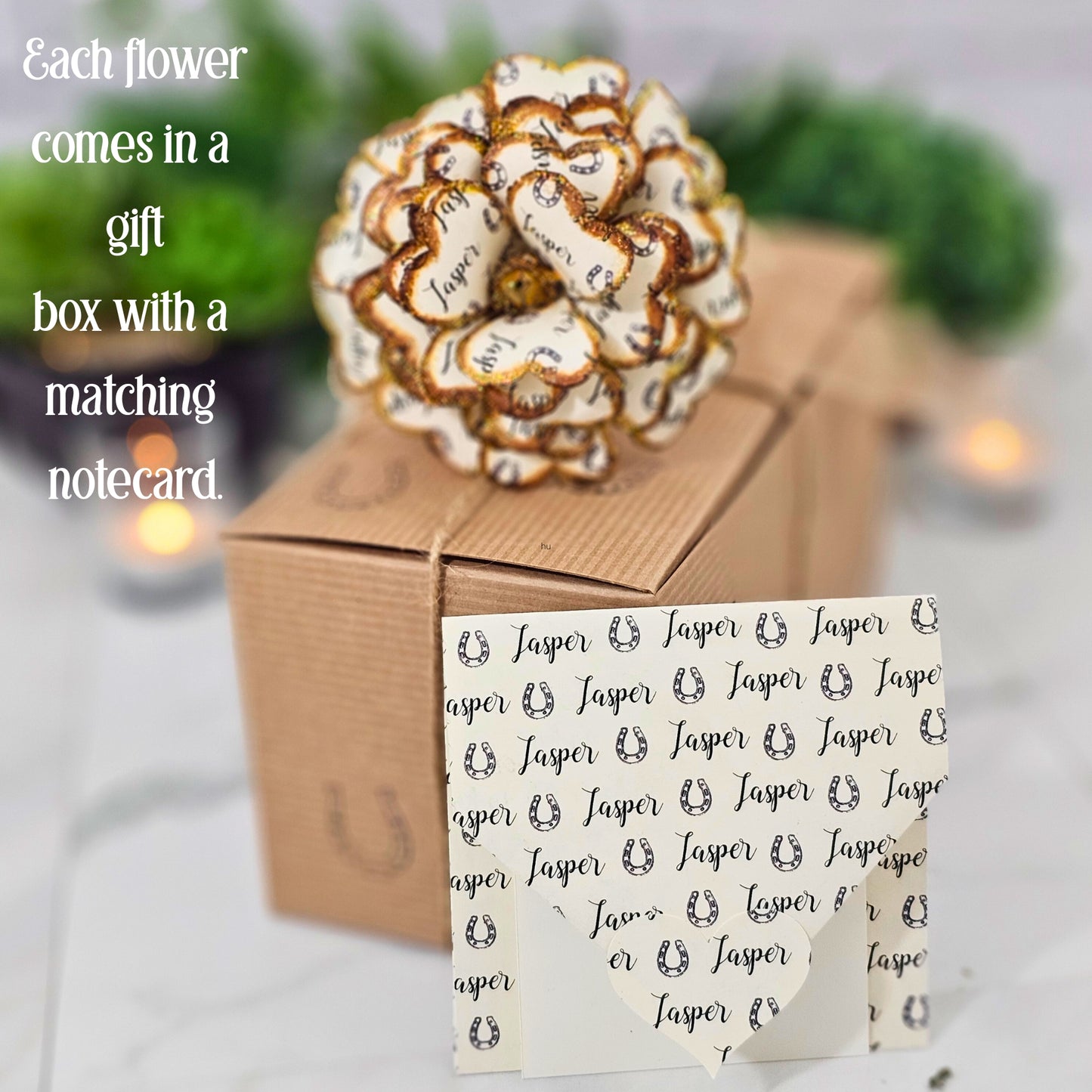 Decorative flower with matching notecard on a gift box 