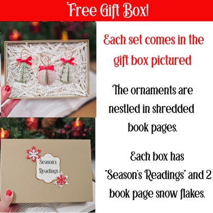 Tiny Book Page Christmas Tree Ornaments, Set of 3, Trees and Ball