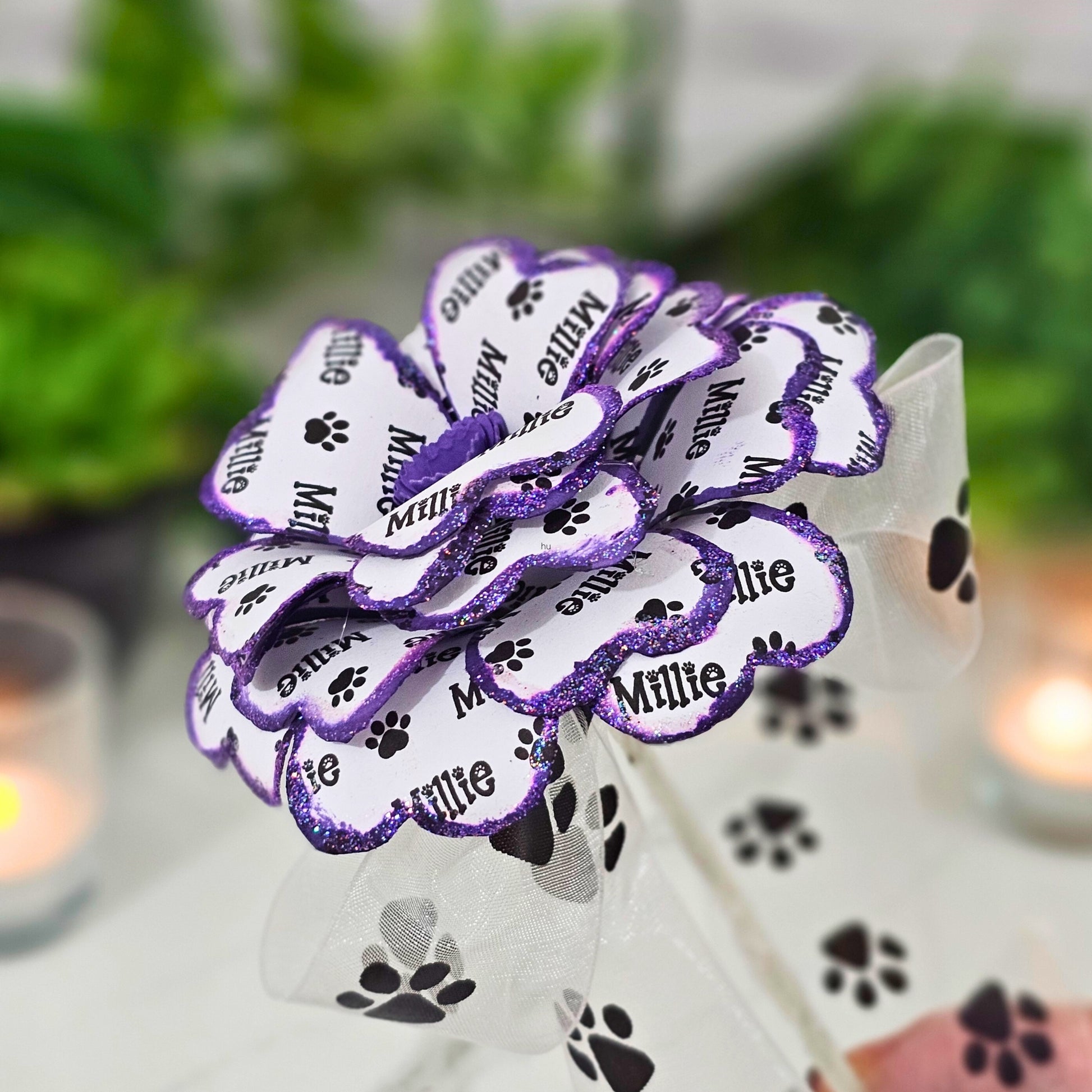 Purple memorial rose with paw print organza ribbon - personalized pet sympathy gift