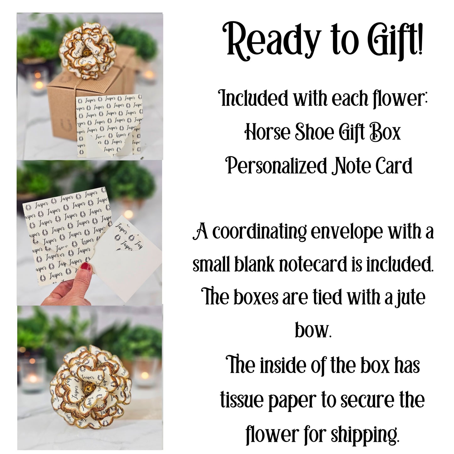 Horse shoe gift box with personalized note card and envelope, ready to gift.