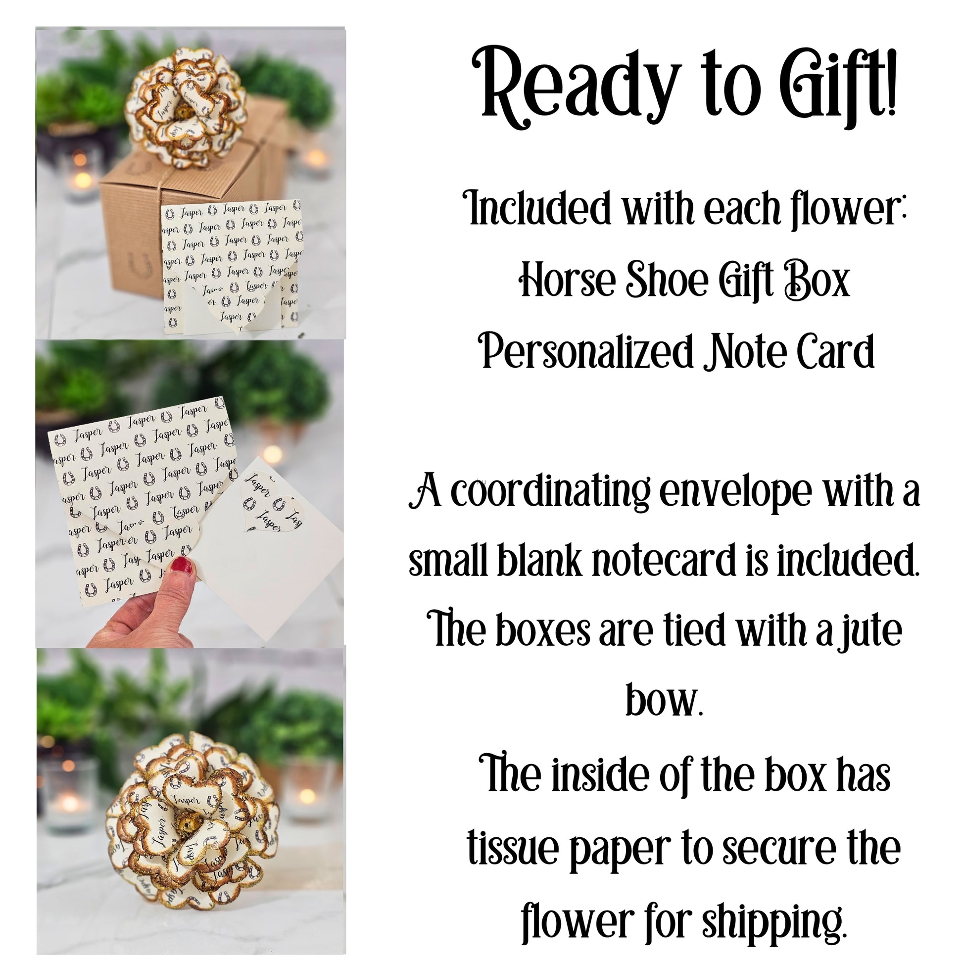 Horse shoe gift box with personalized note card and envelope, ready to gift.