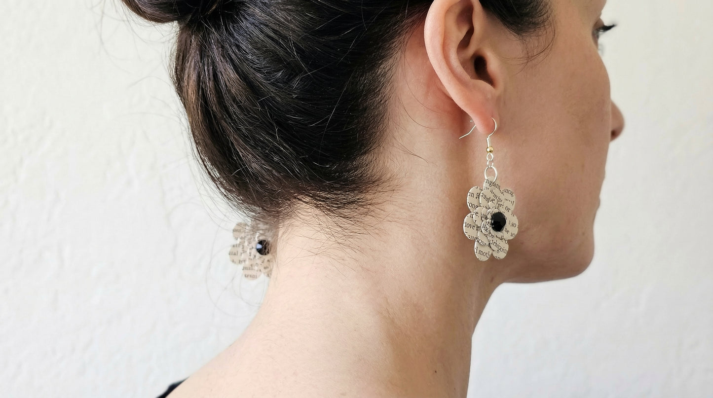 Black Flower Book Page Earrings | Literary Dangle Earrings for Book Lovers