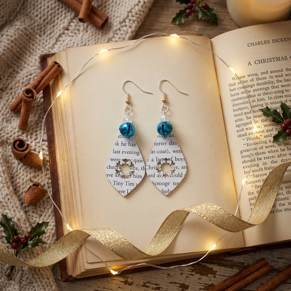 Book Page Snowflake Teardrop Earrings – A Christmas Carol