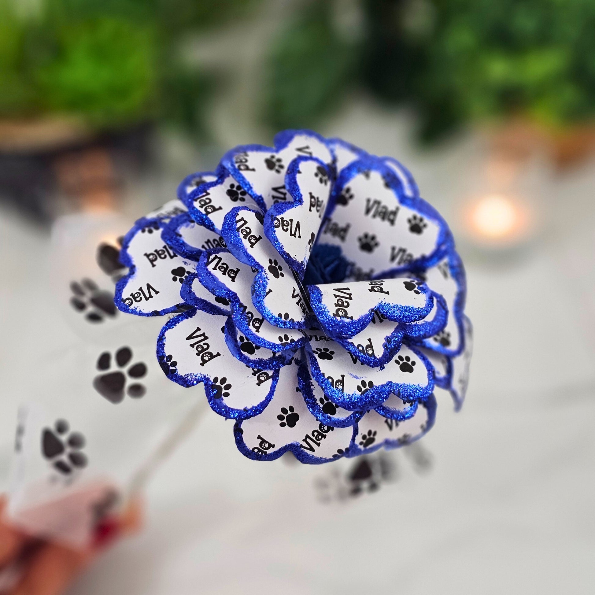 Blue Personalized Pet Memorial Paper Flower - handmade sympathy gift for loss of dog or cat