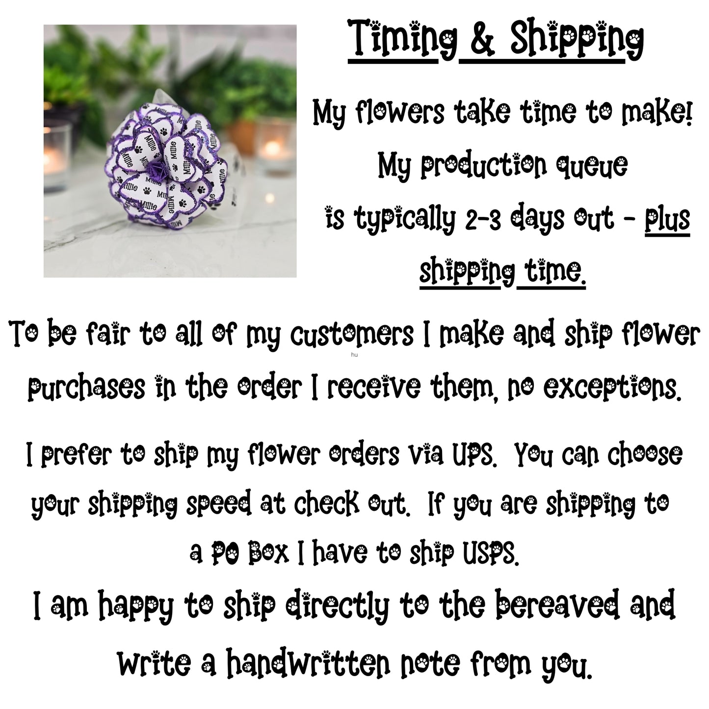 Production time and shipping information for personalized blue pet memorial flower