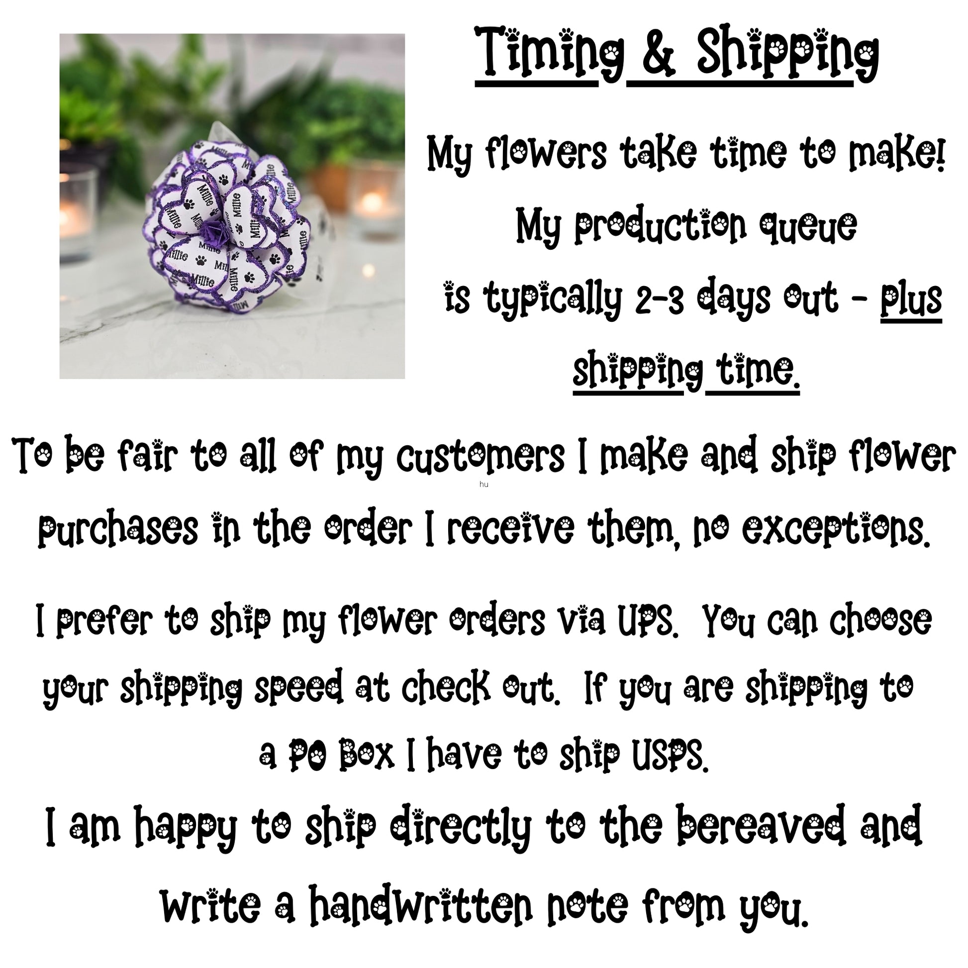 Production time and shipping information for personalized blue pet memorial flower