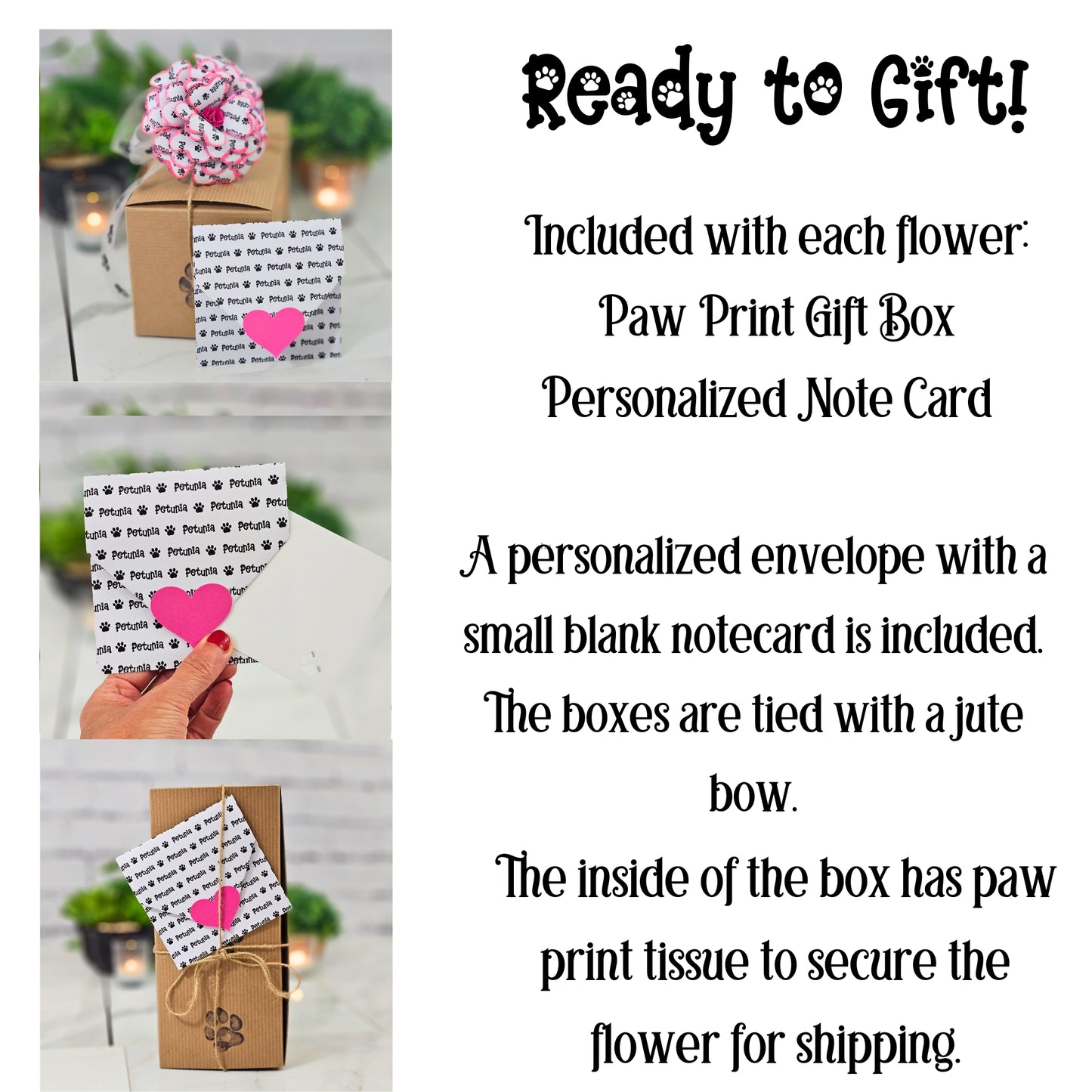 eady to gift pink pet memorial rose in presentation box with paw print details