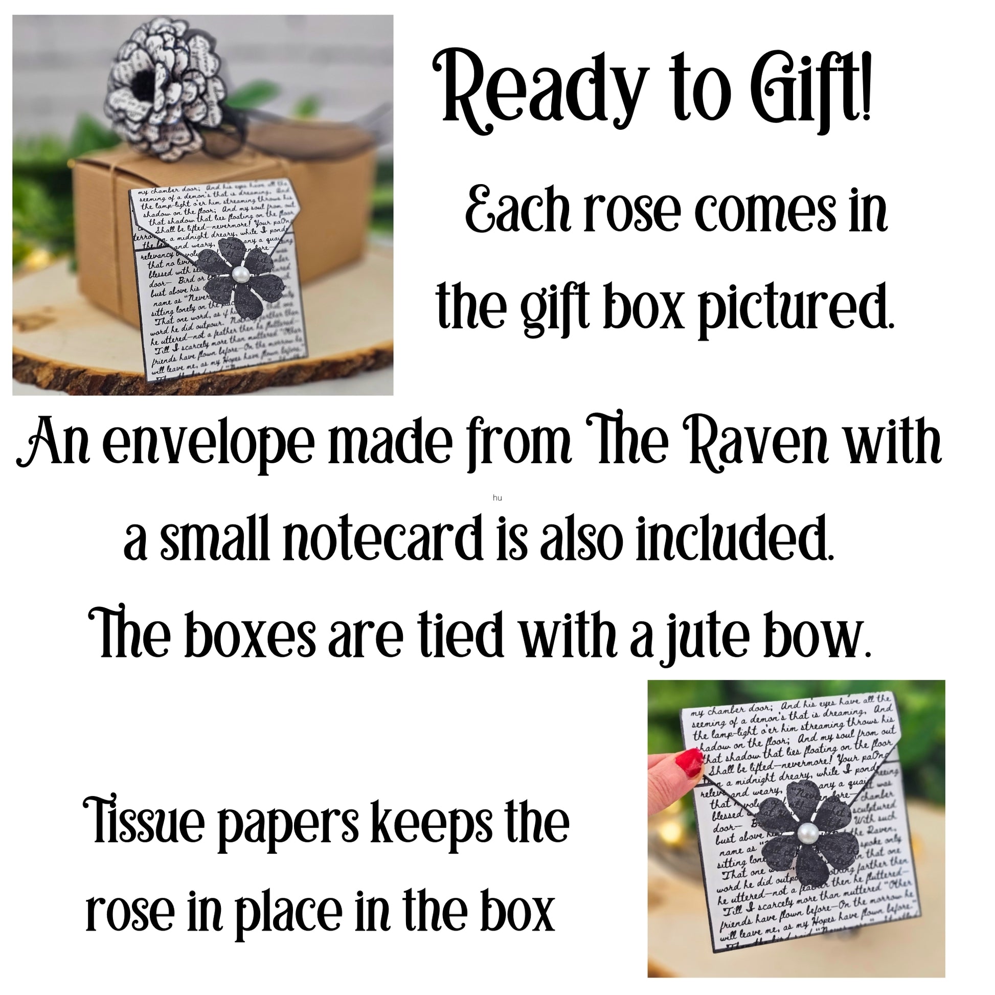 each rose comes bosed and ready to gift with a coordinating gift card