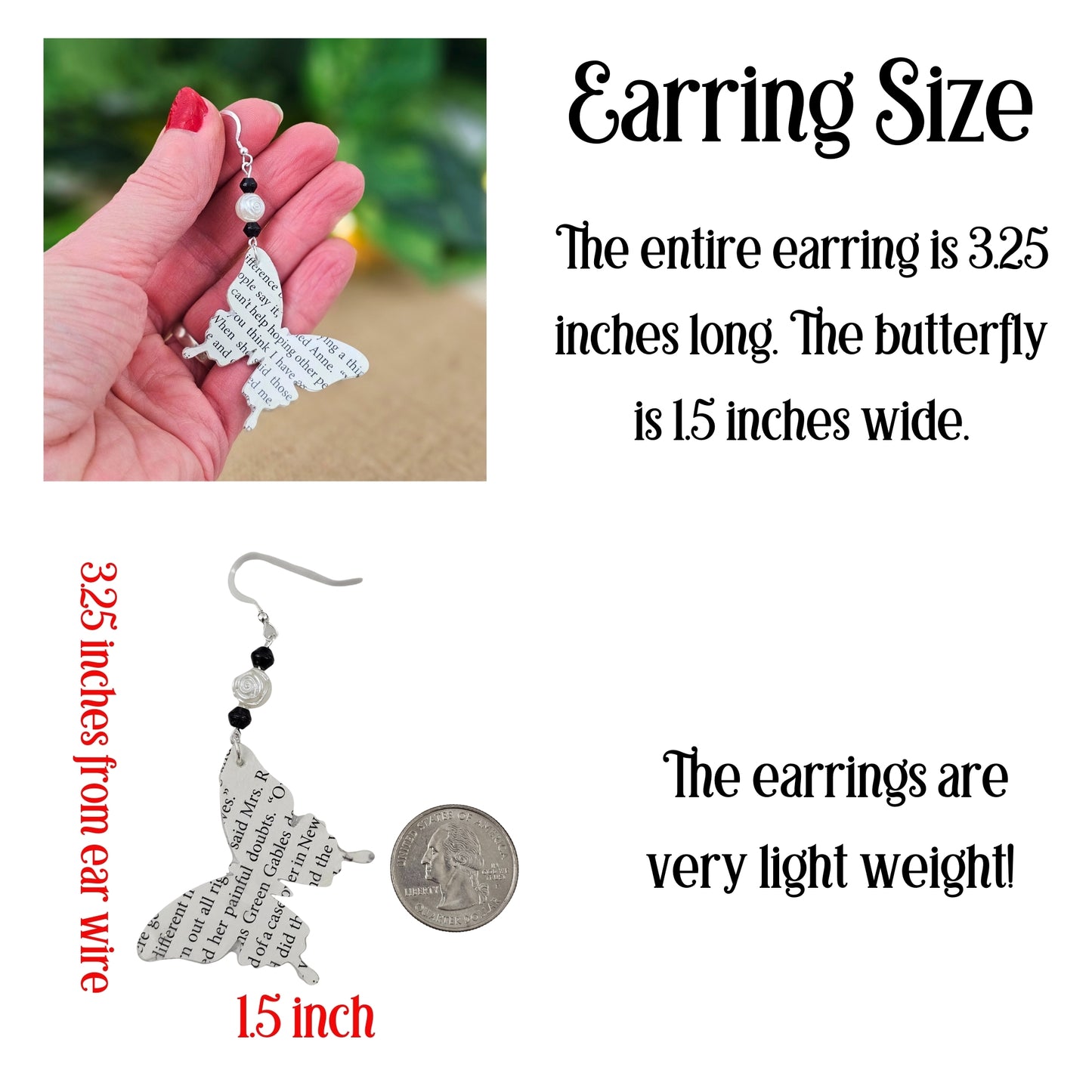 Size dimensions for book page butterfly earrings - 2.5 inches long