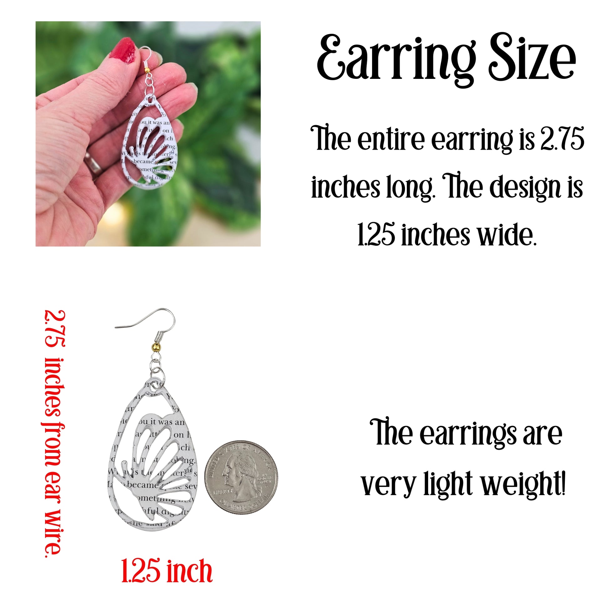 Earrings from book pages; 2.75 inches long (from top of ear wire)x 1.25 inches wide