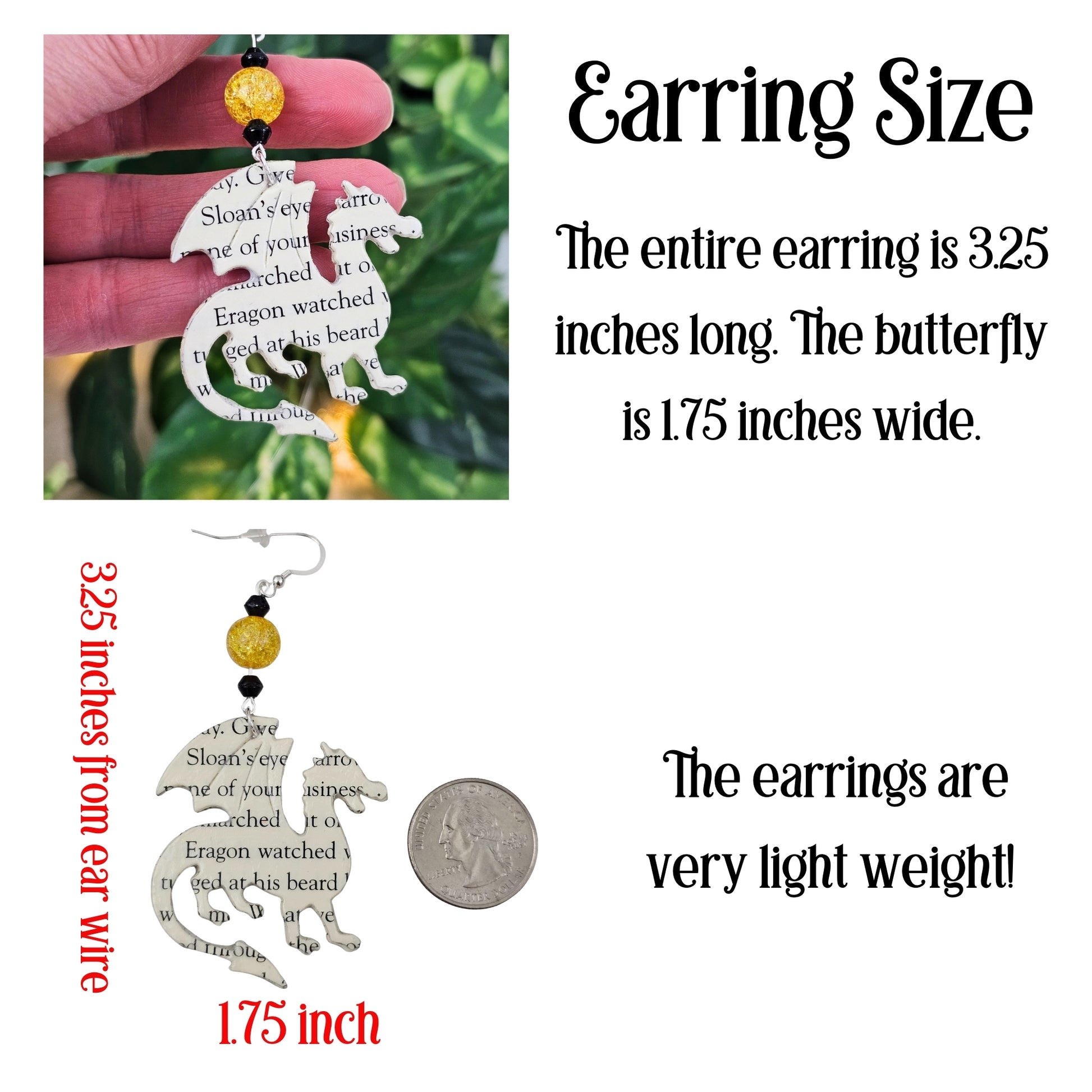 dragon earrings made from book pages for gift for fantasy book lovers