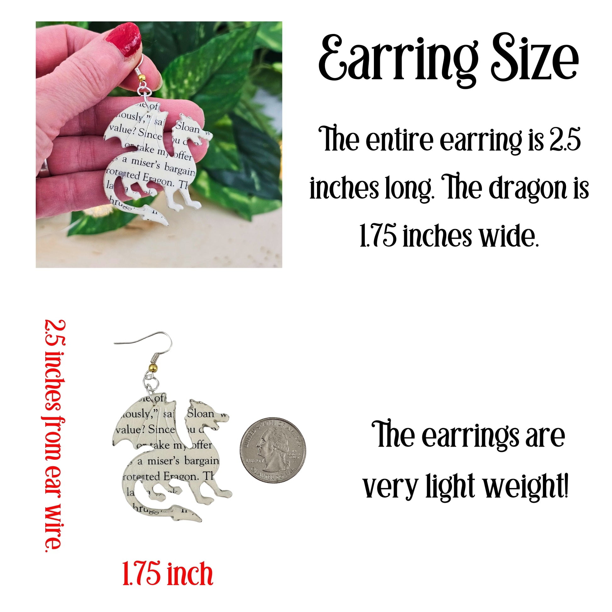 geeky book earrings in the shape of a dragon; 2.5 inches long 1.75 inches wide