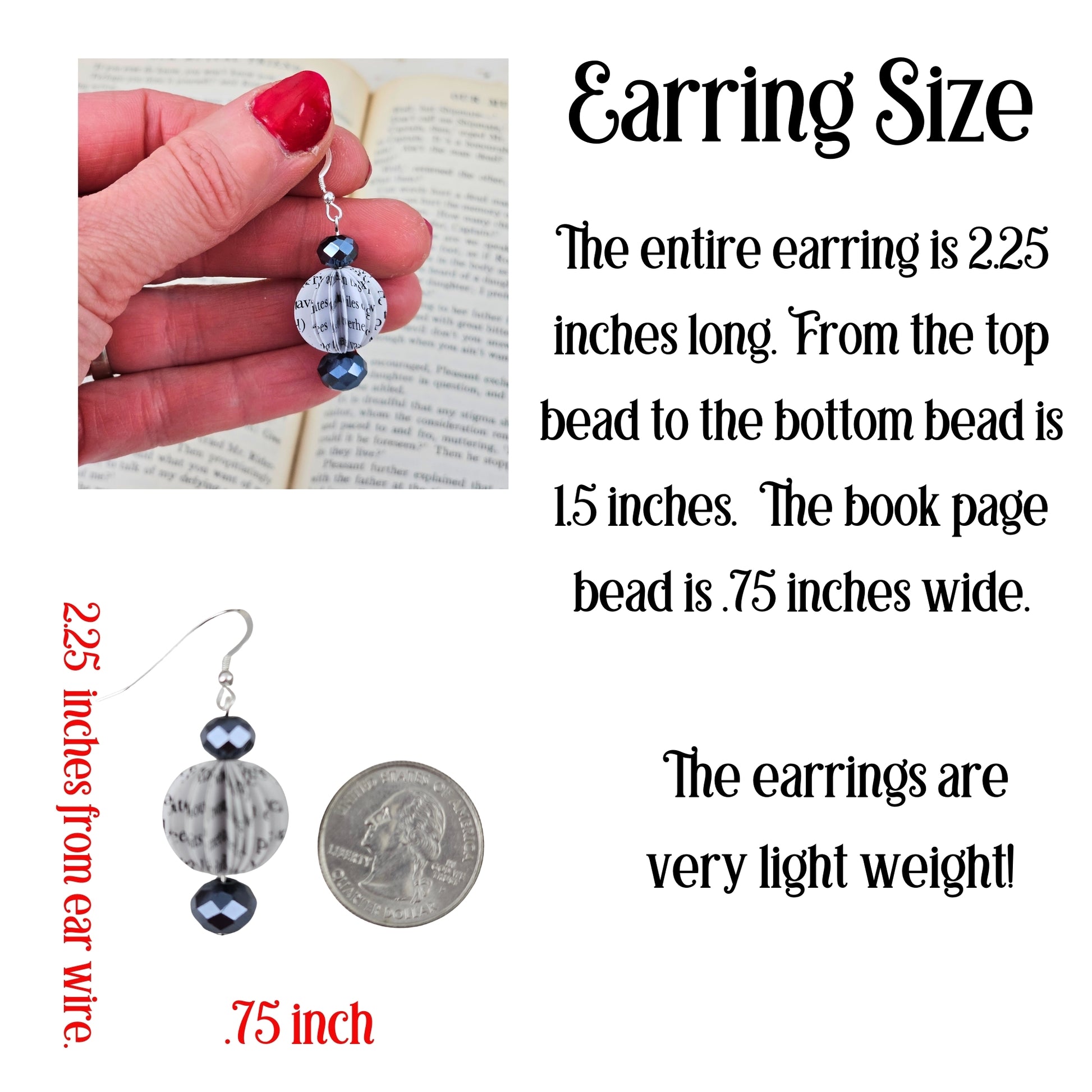 Sizing guide for handmade book page bead earrings showing dimensions